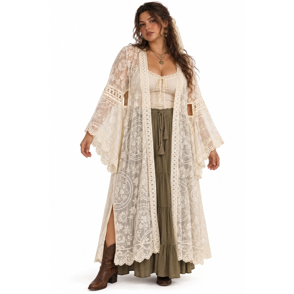 Torrid Festi Lace Maxi Kimono 3X 22-24 Pristine Ivory White Floral Embroidery
